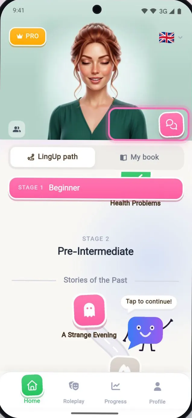 The LingUp app on a phone, showing the same learning path