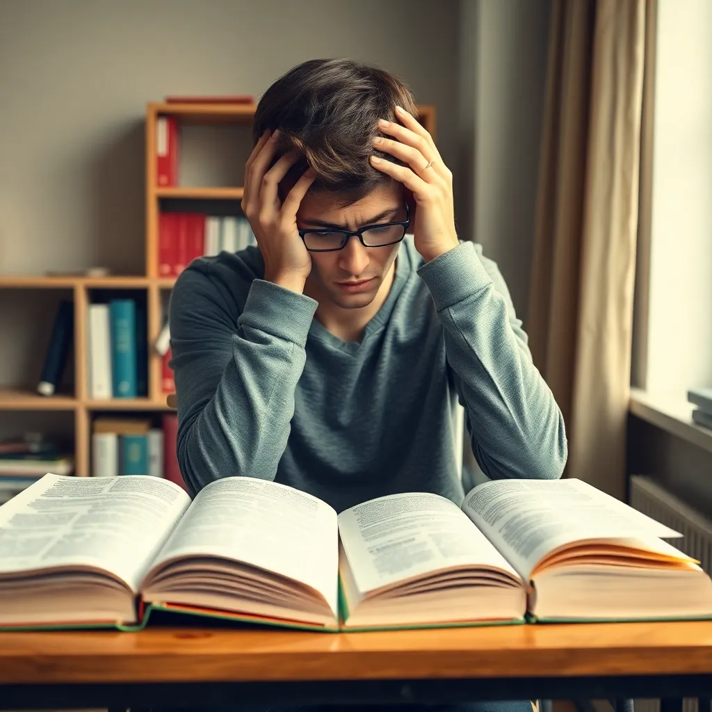 A learner at a desk full of open books, head in hands